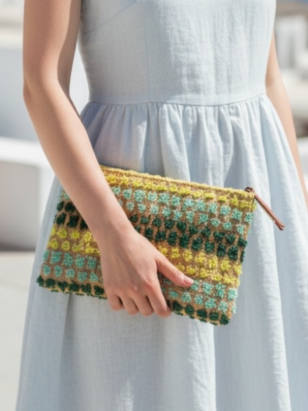 Steven by Steve Madden Yellow Teal Green Woven Zip Top Clutch